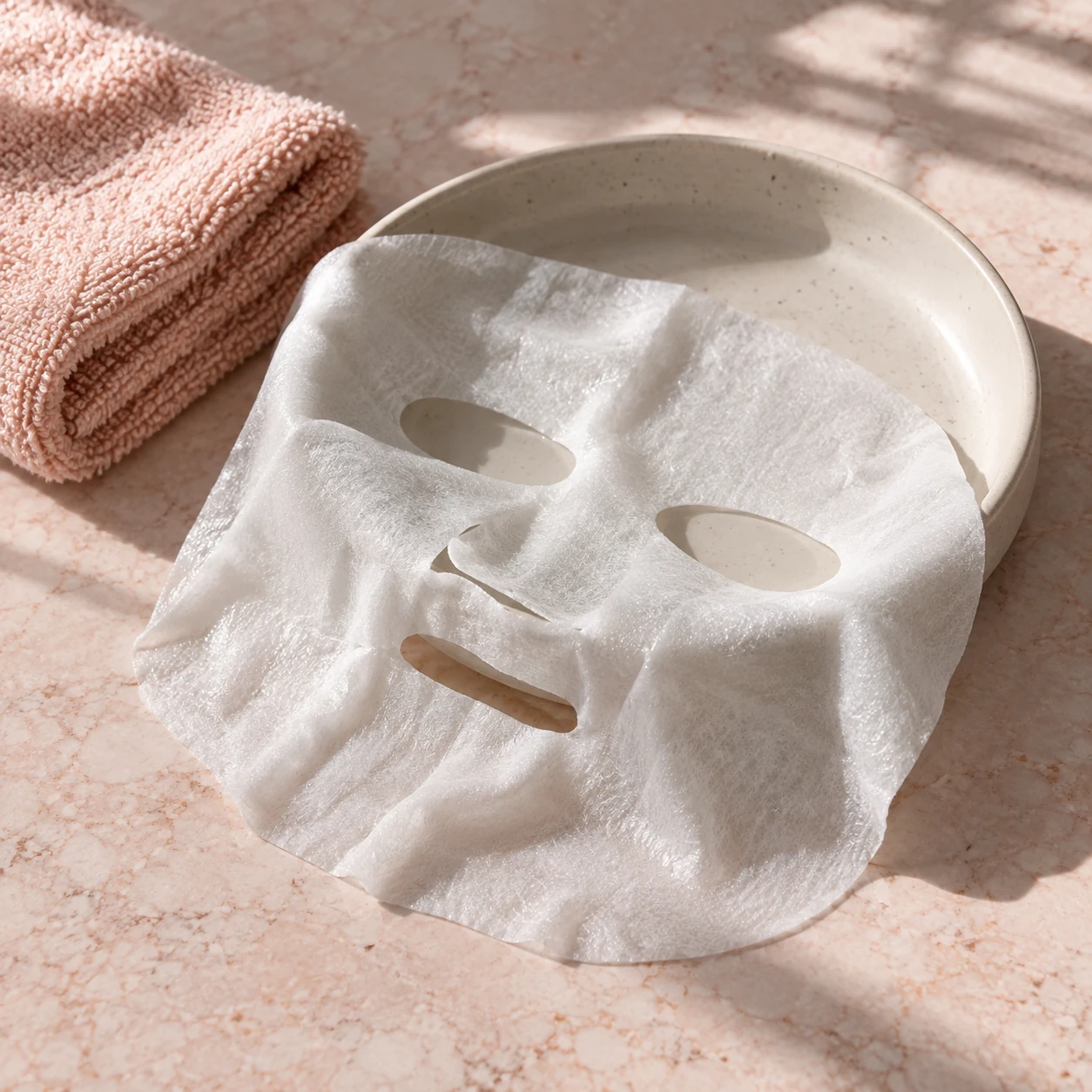 Cosmetic sheet mask fabric on an ivory dish, illustrative material detail