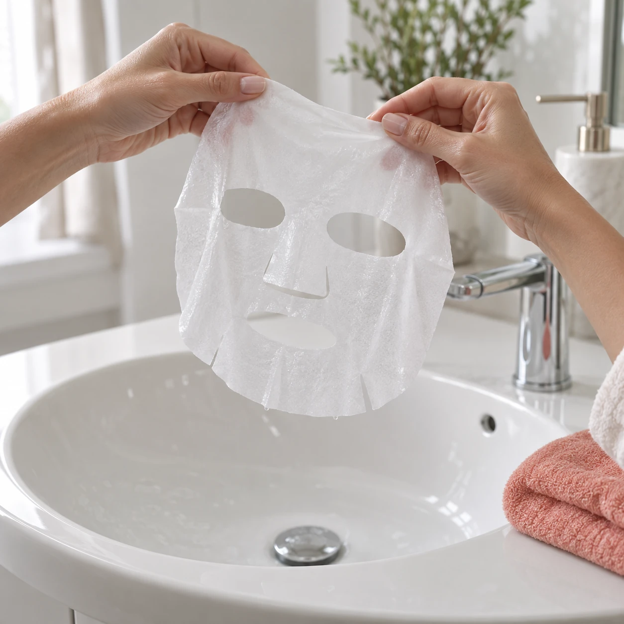 Hands unfolding a cosmetic face sheet mask, illustrative preparation scene