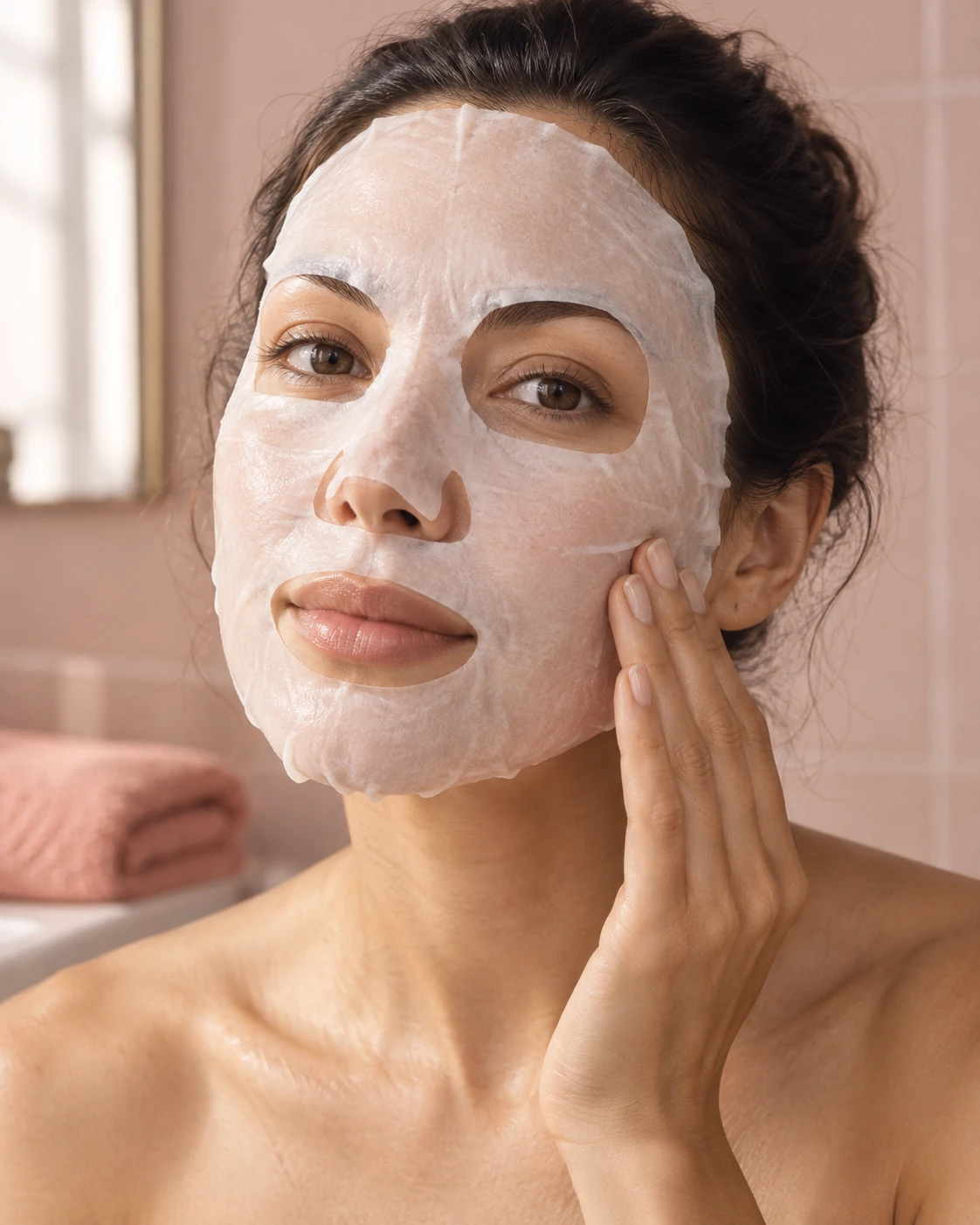 Woman applying a cosmetic sheet face mask, illustrative skincare scene