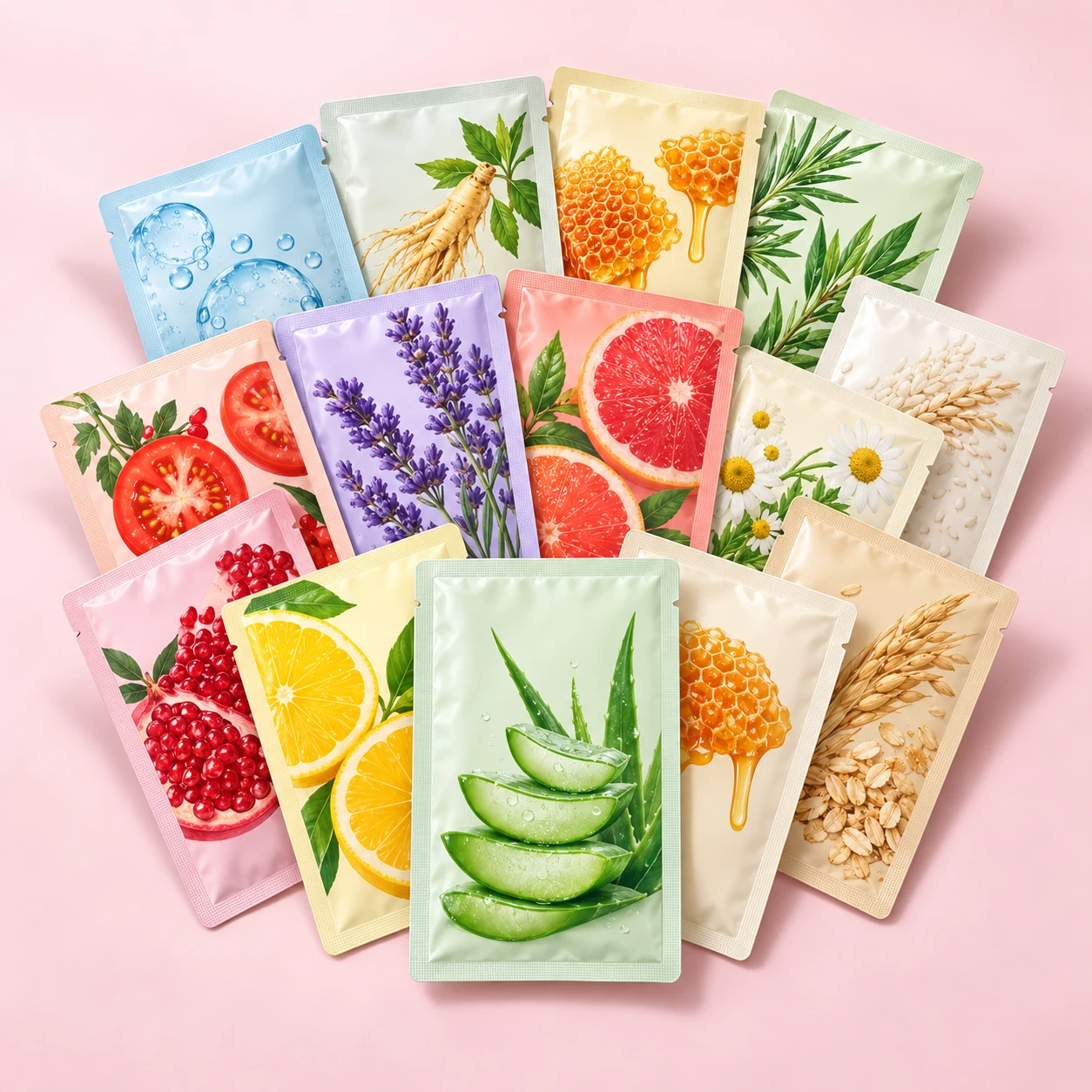 Illustration of sachets for the KONEUK 14-piece sheet mask set