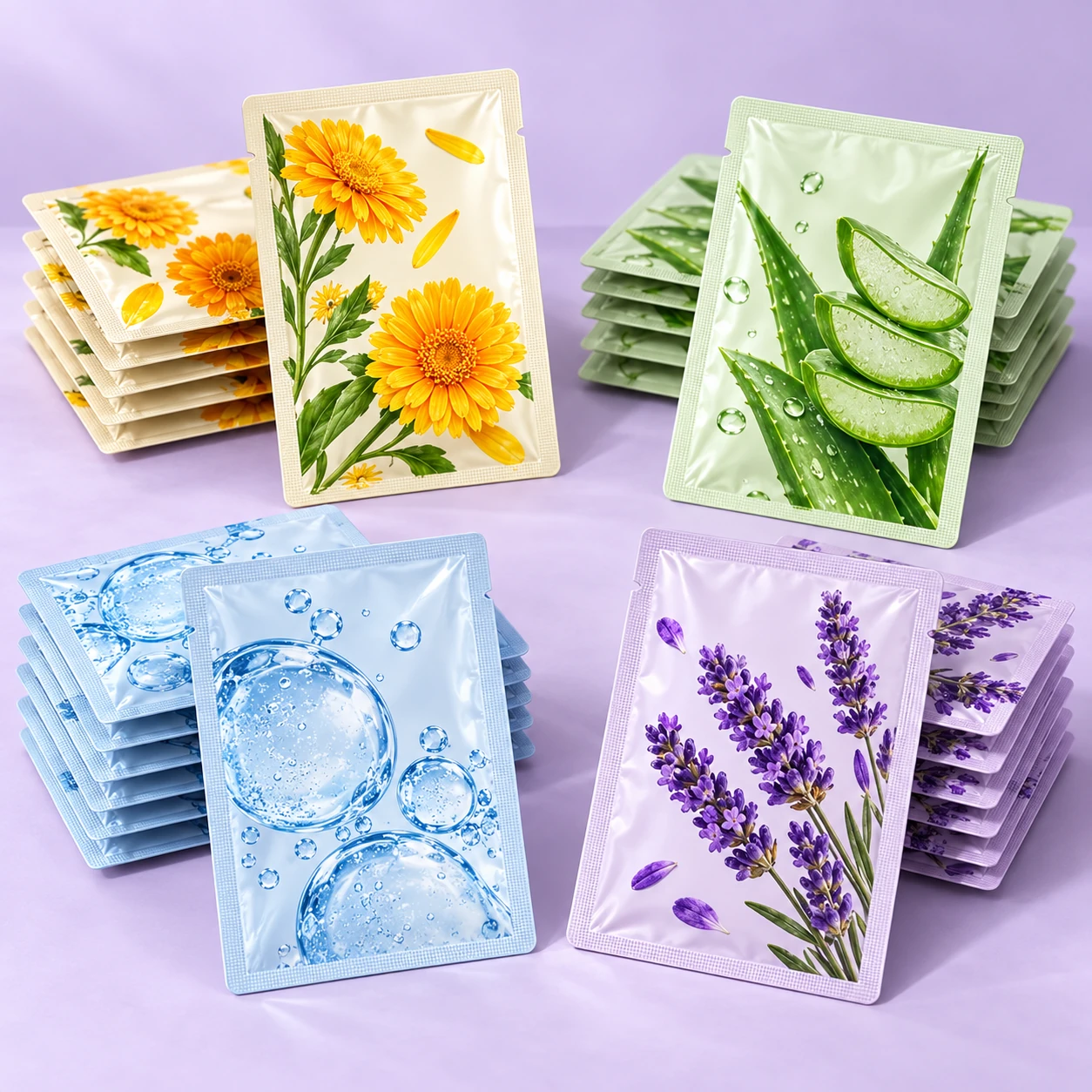 Illustrated stacks of cosmetic sachets for the KONEUK 60-piece assortment