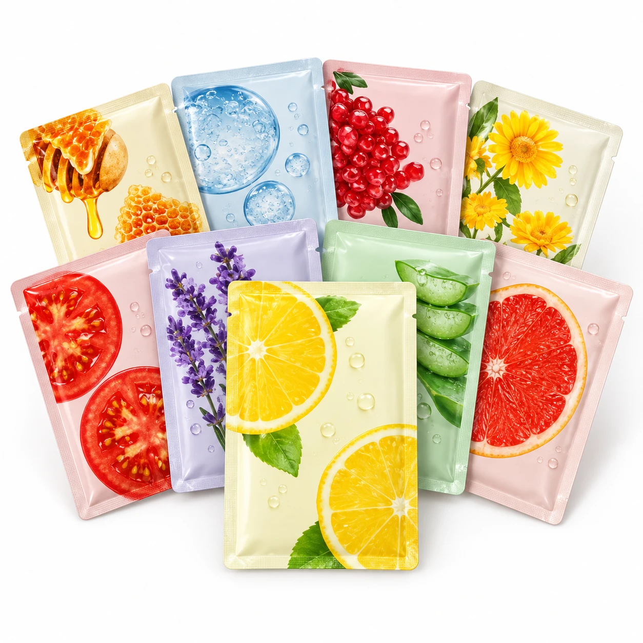 Illustration of sachets for the KONEUK 9-piece sheet mask set